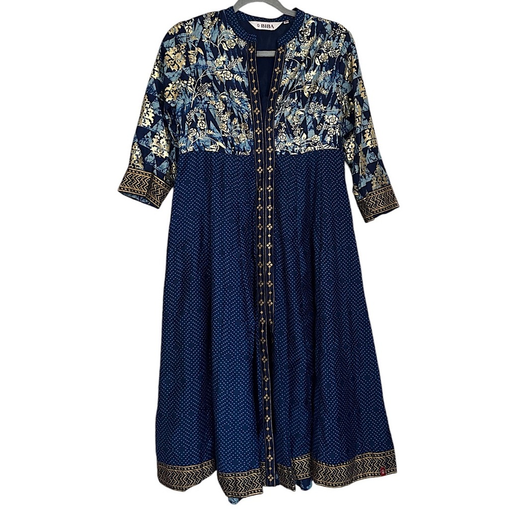 BIBA Kurta Tunic Midi Dress Women Size 32/S Blue Gold Floral Print V Neck Lined